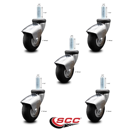 Service Caster 3 Inch Bright Chrome Hooded Neoprene Rubber 1/2 Inch Threaded Stem Casters, 5PK SCC-TS03S310-NPRB-BC-121315-5